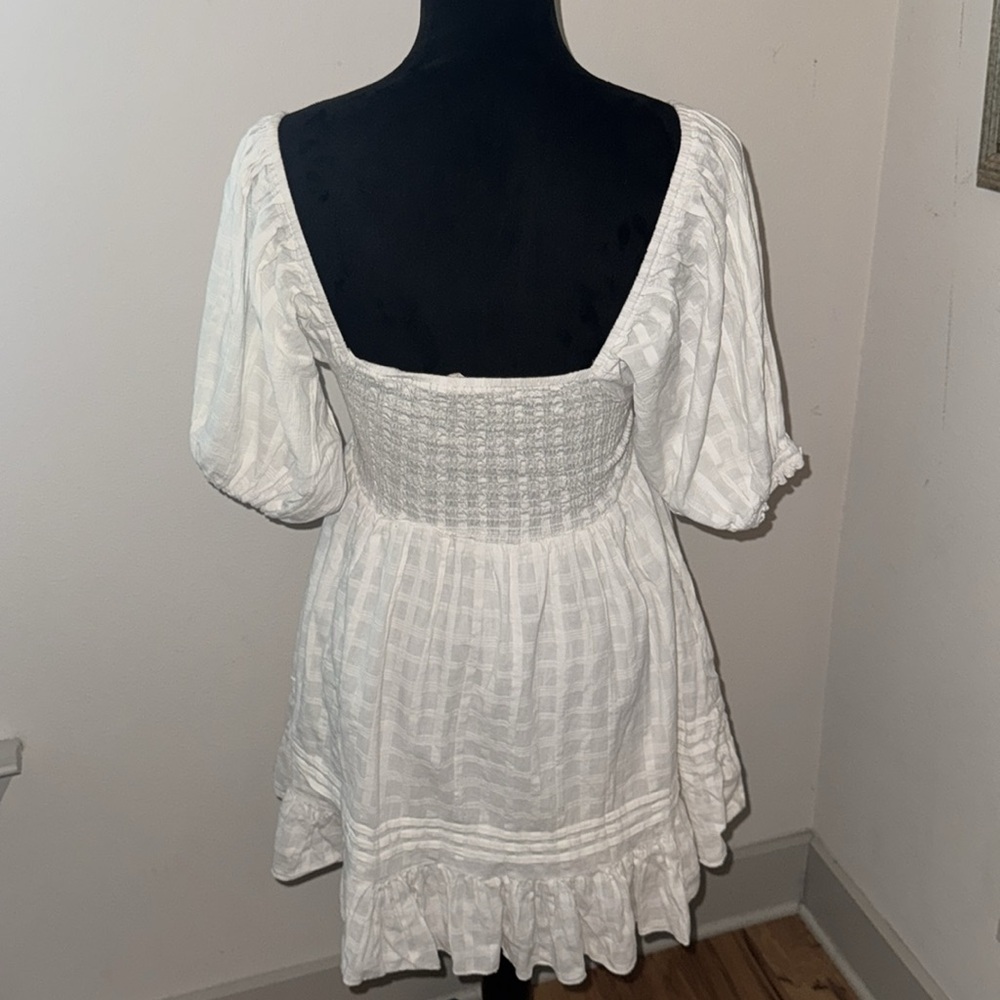 Mable puff sleeves Babydoll white dress plaid smocked back ruffle hem cotton S - Picture 5 of 8